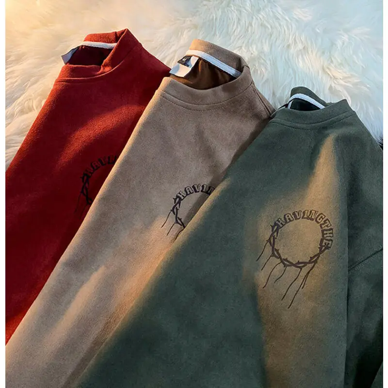 

High Quality Suede Pullovers Sweater Men Baggy Oversized Fashion Street Gothic Graphic Printed O-neck Hip Hop Tops Male Shirt