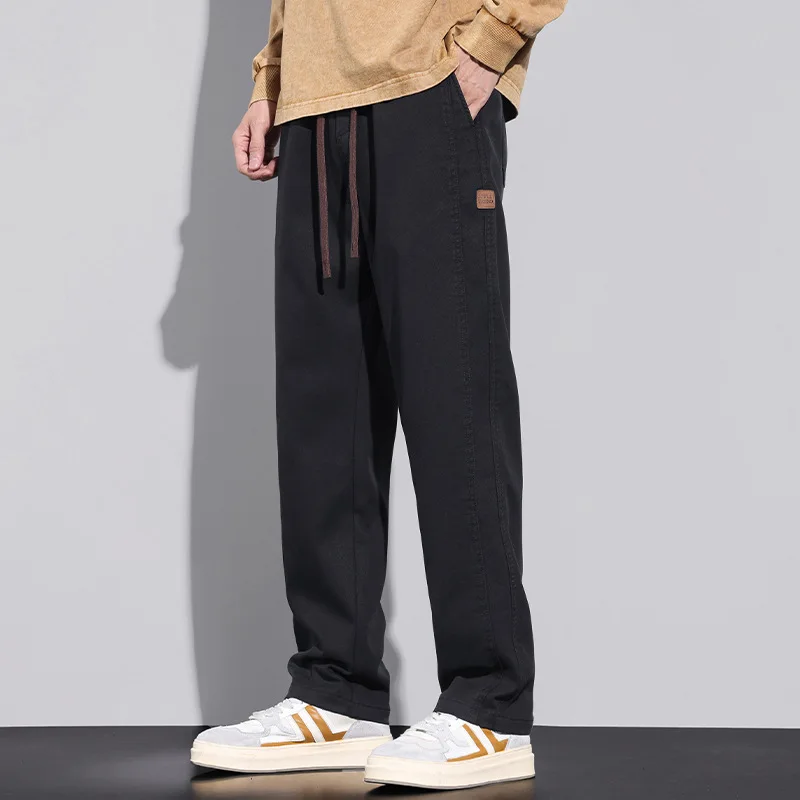Autumn Winter Oversized Elastic Waist Lace Up Loose Casual Fashion Straight Pants Men Solid Color All-match Wide Leg Trousers