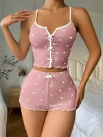 Sexy Heart Print Pajama Set for Women Sleepwear Silk Stain V-Neck Sleeveless Casual Cami Top and Shorts Sets Loungewear - Image 4