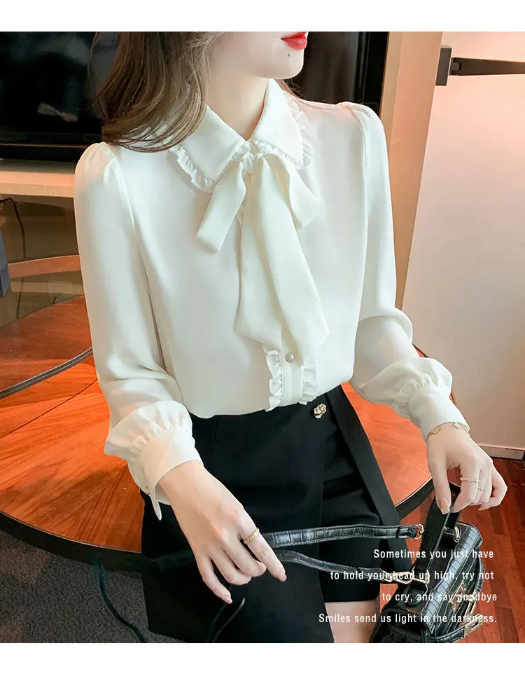 Bow Tie White Chiffon Shirt 2022 Spring Summer Korean Fashion Blouse Lace Elegant Long Sleeve Shirt for Female Casual Clothing