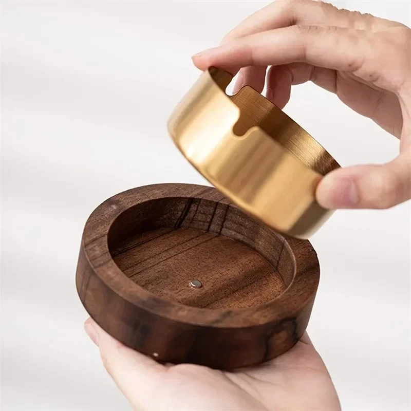 Walnut Wood Ashtrays With Lid Covered Windproof Ashtray Stainless Steel Liner Indoor Outdoor Ash Tray for Home
