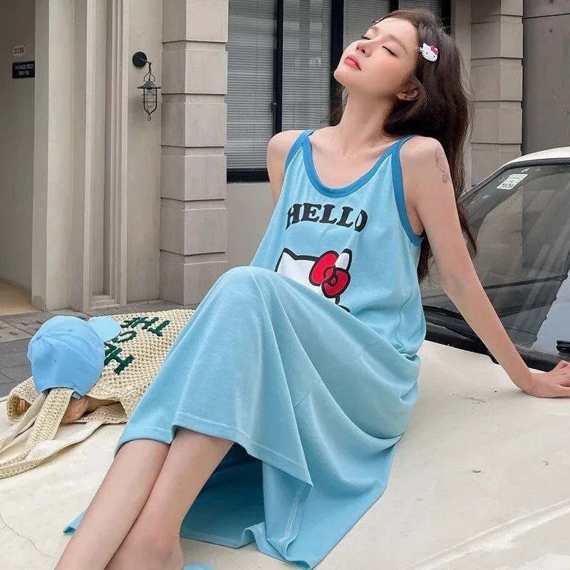 Loose and cute cartoon Hello Kitty suspender nightdress women's summer large size fat MM casual can wear long loungewear
