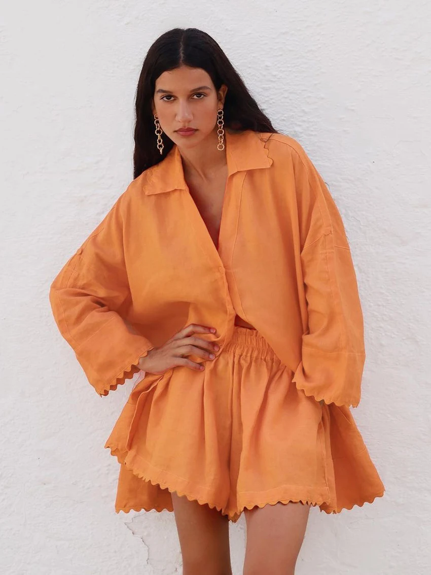 Marthaqiqi Causal Women'S Pajamas 2 Piece Set Turn-Down Collar Sleepwear Long Sleeve Nightgowns Shorts Cotton Ladies Pijama Suit