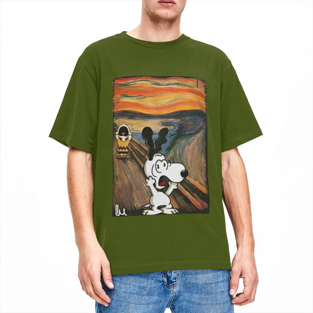 thumbnail image 1 of Camiseta de algodón divertida para hombre, con estampado artístico de Peanuts, Charlie Brown, Scream, Snoopy, camisetas hippies de verano con cuello redondo, camisetas informales de gran tamaño, 1 of 5