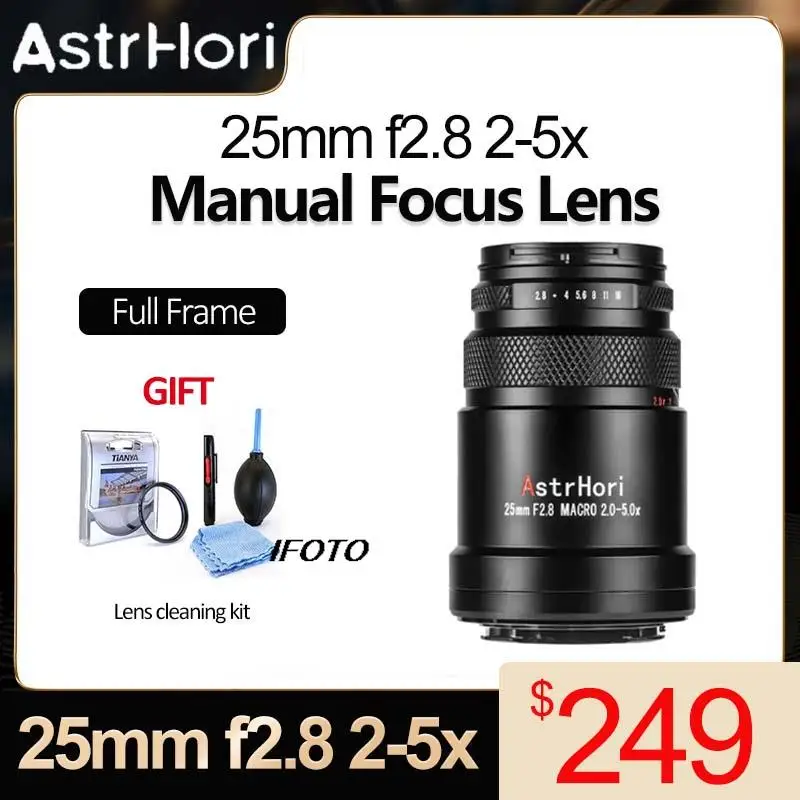 Astrhori 25Mm F2.8 Macro 2X-5X Obiettivo Di Messa A Fuoco Manuale A Telaio Completo Per Fotocamere Fuji X Canon Rf Nikon Z Panasonic L Sony E Mount