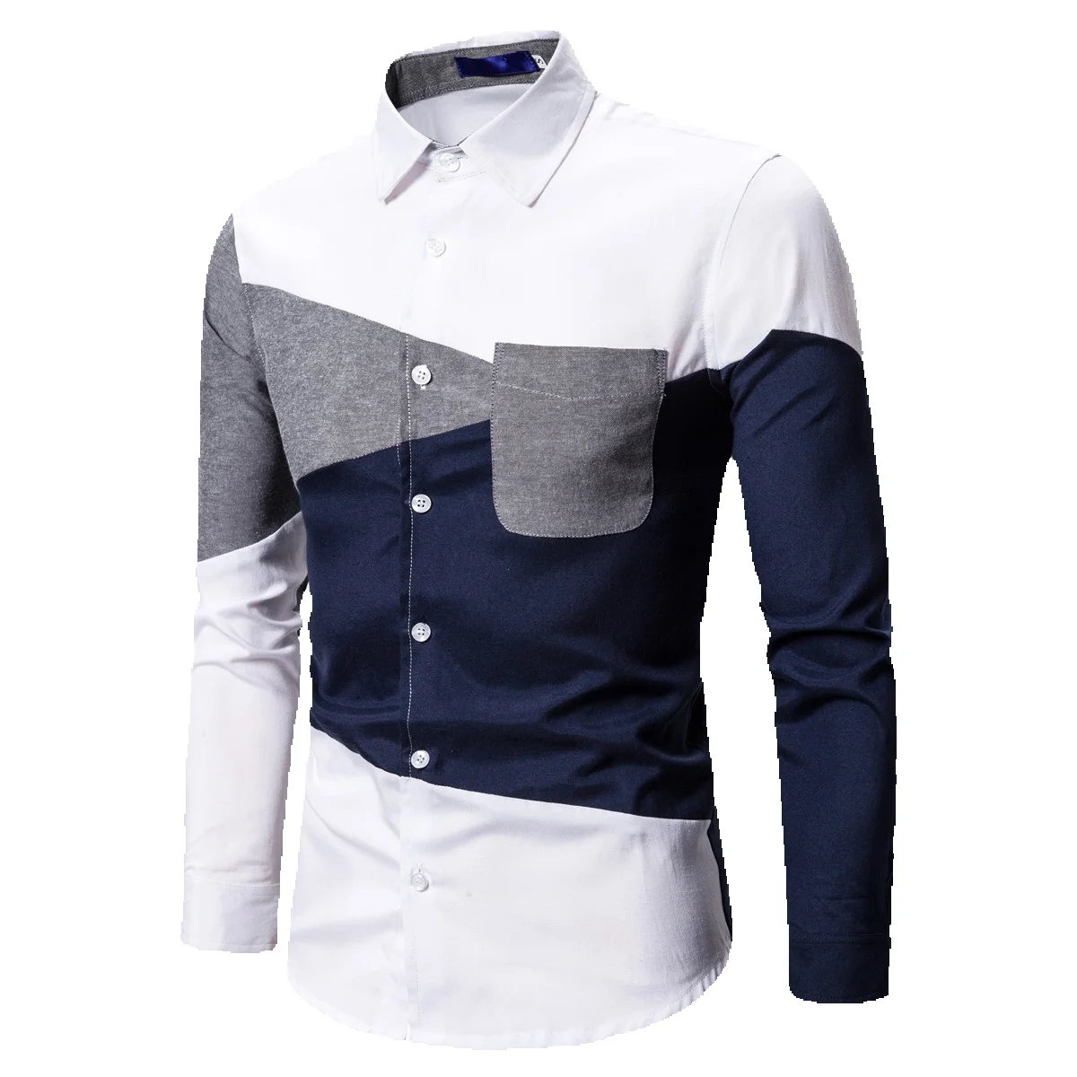 

Men's Oxford Textile Shirt Casual European Size 2019 Autumn and Winter New Color Contrast Patchwork Long-sleeved Shirt