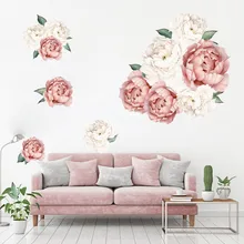 Pink White Peony Flowers Wall Stickers Diy Vinyl Wall Decals Water Color Romantic Flowers Living Room Background Decoration tanie tanio CN (pochodzenie) Paczka z wieloma częściami AMERYKAŃSKI STYL PATTERN 3d naklejki