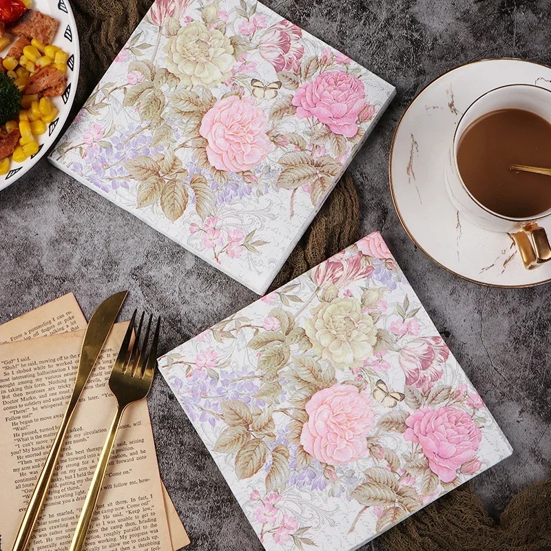 20pcs/Pac 33cm 2Ply Colorful Printed Napkin Pink Flower Square Butterfly Valley Bart Paper Wedding Pure Wood Pulp Paper Placemat paper napkins,disposable paper placemats