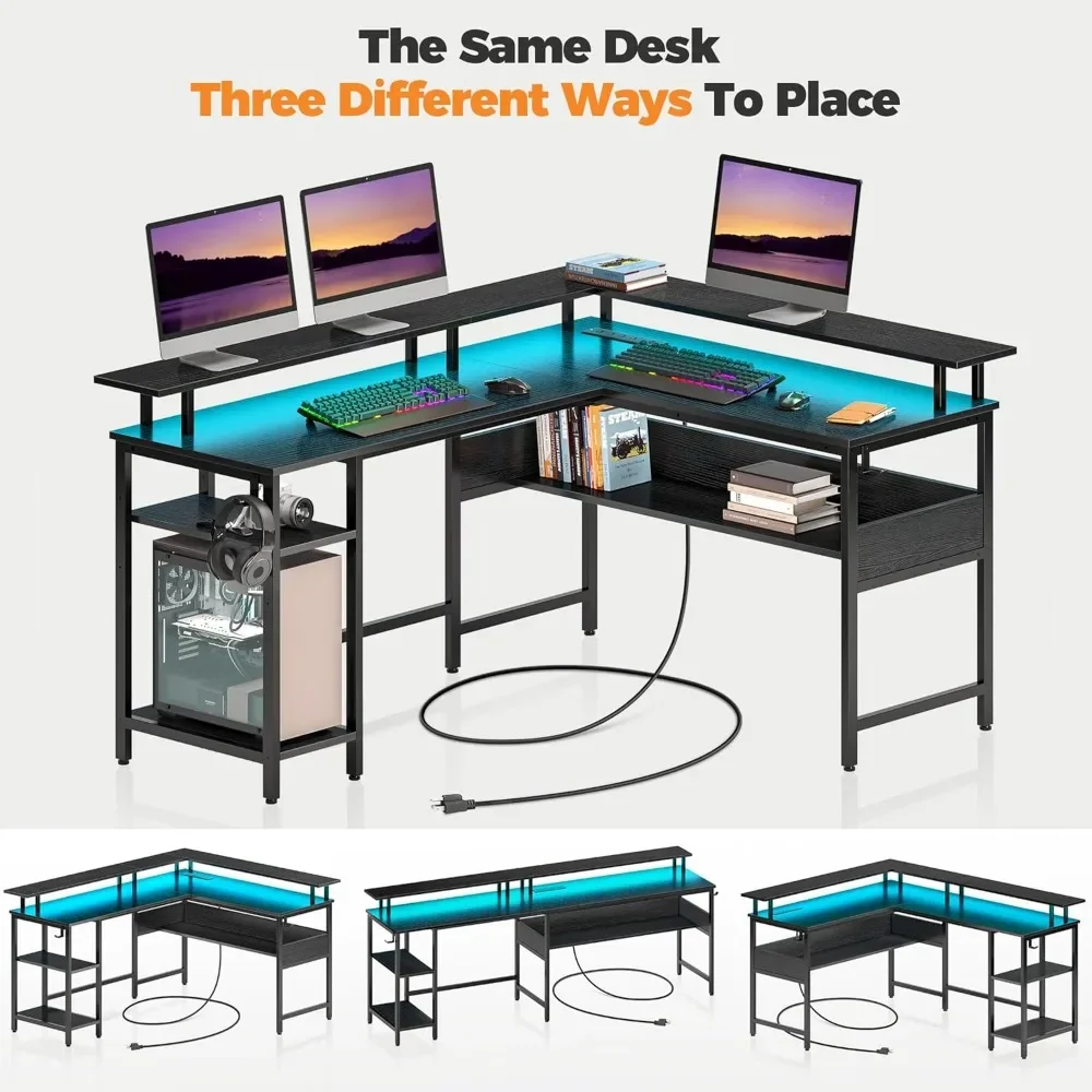 Computer Desk L Shaped 56.7" with LED Lights and Power Outlets, Reversible L Shaped Gaming Desk with Monitor Stand, 5