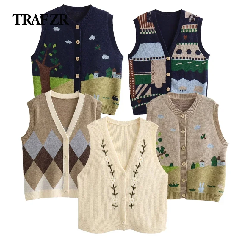 

TRAF ZR Vests for Women 2023 Vintage Y2k Crochet Winter Sleeveless Sweater Vest Women Knitted Sweater Women Knitwears Waistcoat