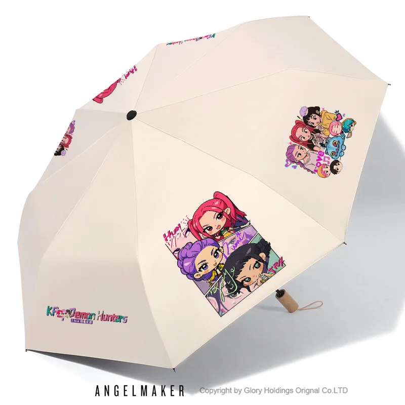 Parapluie de pluie pliable, dessin animé Kpop Demon Hunters, impressions environnantes, protection solaire, renforce la résistance au vent Durable, cadeau pour enfants