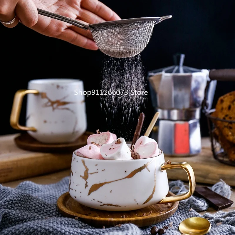 

Marble matte gold coffee cup Japanese black and white gold ceramic teacrub mug with wooden plate dish coffee cup