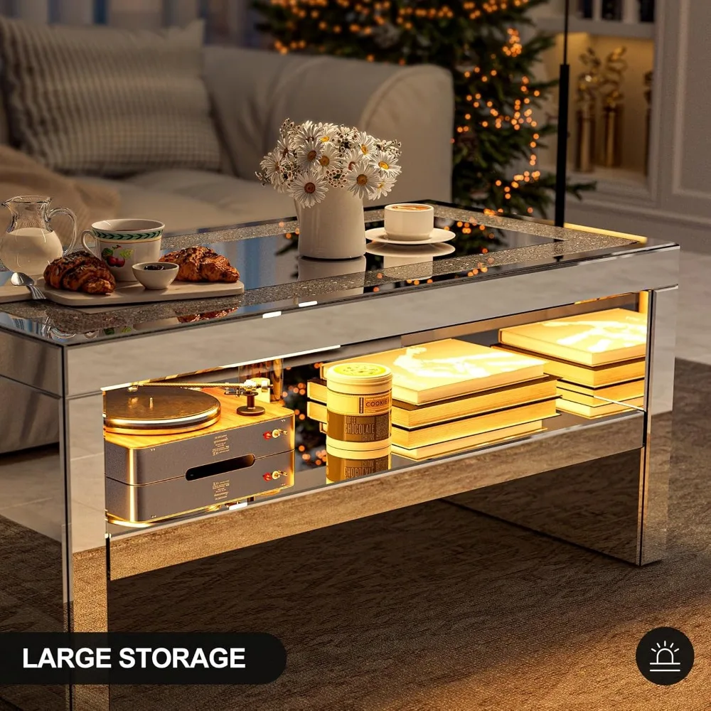 Mirrored Coffee Table with Mirror Crystal Board, Glass Rectangle End Table Coffee Tea Table with 2 Tier for Living Room Bedroom 4