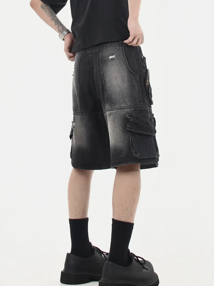 Denim Cargo Shorts Men Vintage Loose Baggy Multi-pockets Washed Streetwear Handsome Personality Summer American Fashion Hombre