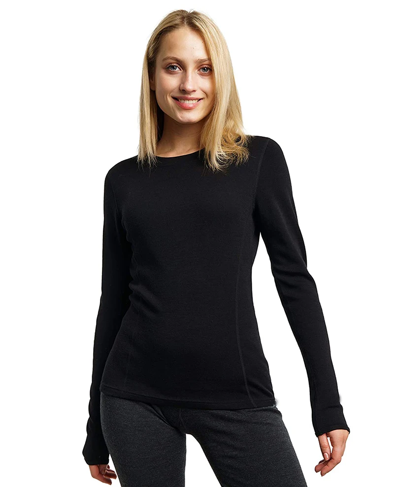100% Merino Wool Women Base Layer Tops Merino Thermal Underwear Lightweight Long Sleeve Shirt Hiking Wicking Anti-Odor 170G/190G 2