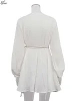 Oymimi Elegant Beige Cotton Womens Dresses Fashion V-Neck Long Sleeve Lace-Up Dresses Casual Loose Pleated Mini Dress Streetwear - Image 5