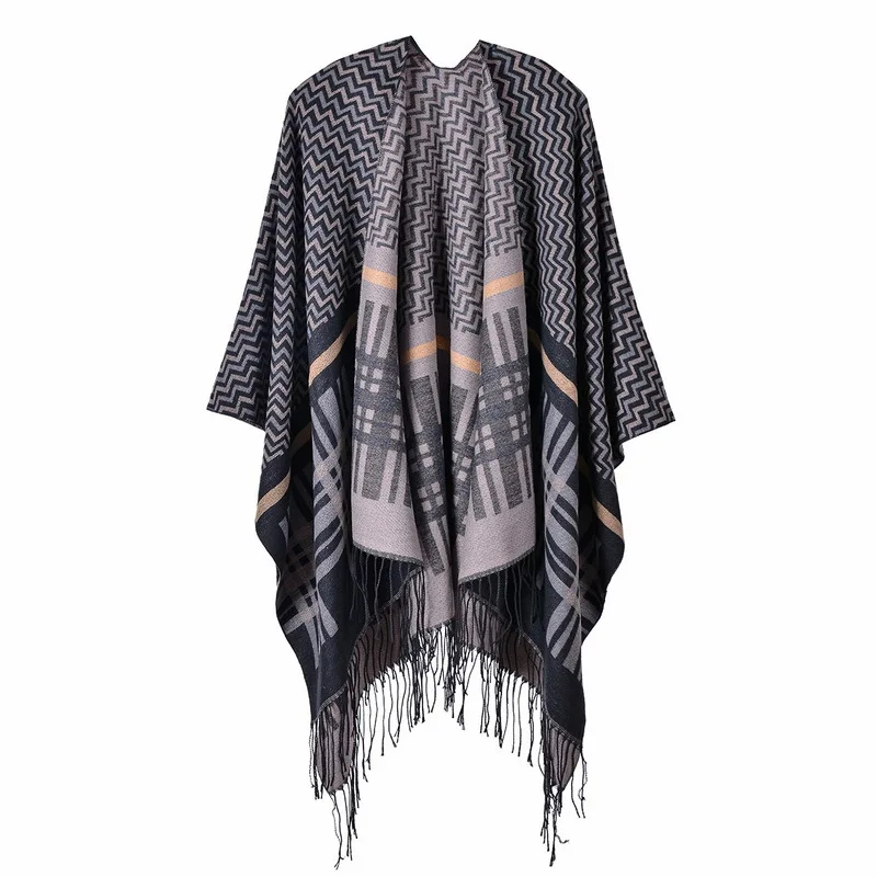 

Women's Winter Reversible Oversized Blanket Wrap Cape Geometric Wave Pattern Open Front Poncho Shawl Cardigans with Tassel