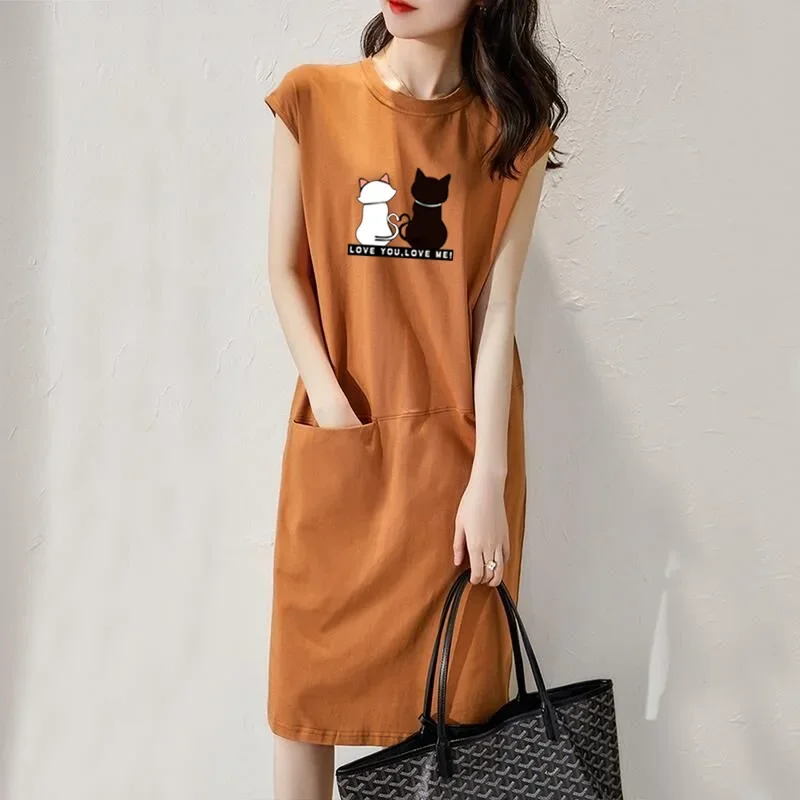 Women Summer Kawaii Cat Print Dress Korean Fashion Aesthetic Clothes Casual  Streetwear Black Loose Midi Dresses for Women 2023 - AliExpress