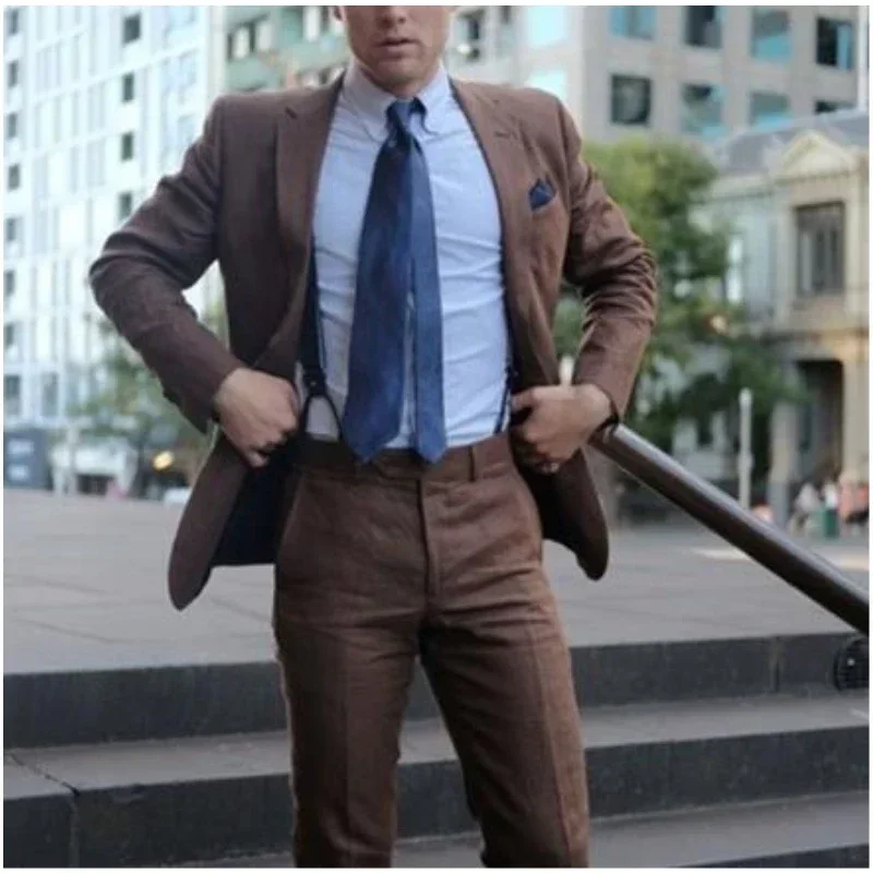2024 Summer Brown Linen Latest Men Suit Casual Slim Fit Notch Lapel Blazer Hombre High Quality Custom 2 Piece Set Costume Homme