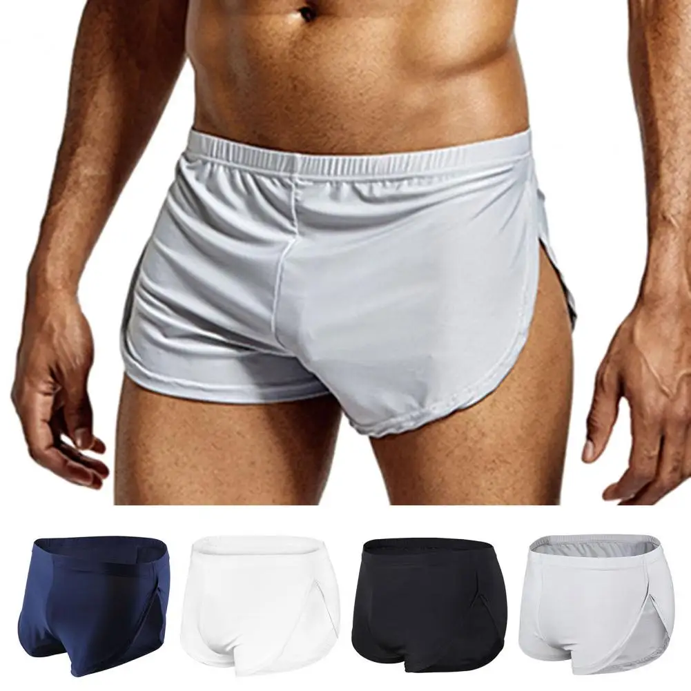 

Men Solid Color Breathable Low-rise Shorts Panties Elastic Waist Side Split Ice Silk Lounge Shorts Underpants Sleepwear Summer