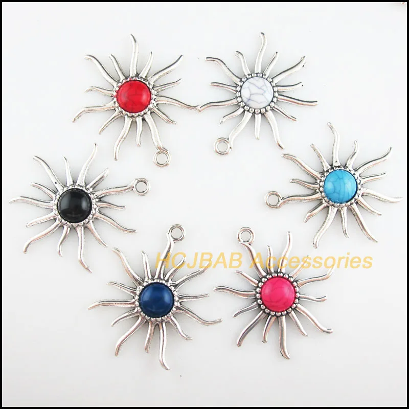 

6Pcs Tibetan Silver Plated Tone Retro Sunflower Charms Oval Mixed Acrylic Pendants 46x50mm