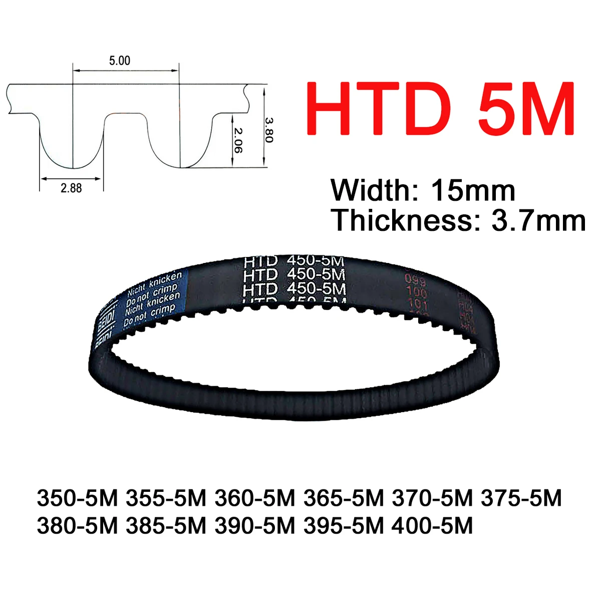 

1Pc Width 15mm 5M Rubber Arc Tooth Timing Belt Pitch Length 350 355 360 365 370 375 380 385 390 395 400mm Synchronous Belt