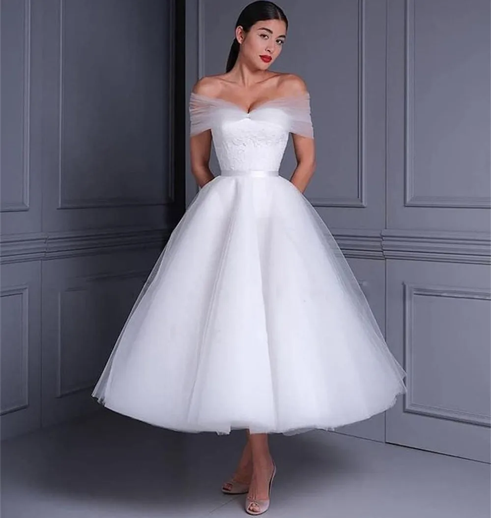 Pure White Short Wedding Dresses 2024 Off The Shoulder Lace Tea Length Elegant Outdoor Bridal Gowns 2023 Vestidos De Novia