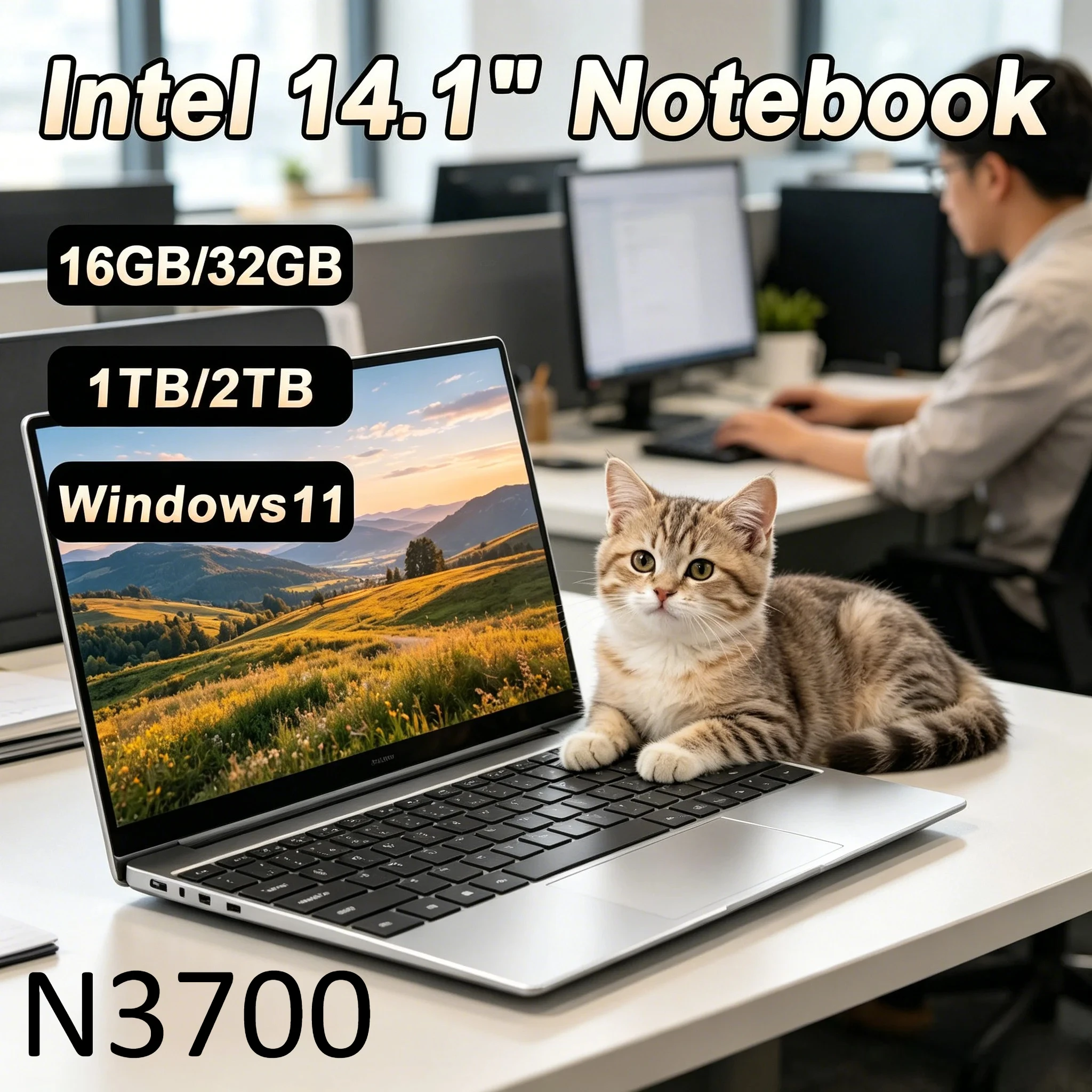 14.1인치 초슬림 노트북 16GB 램 2TB SSD 윈도우 11 인텔 N3700 게이밍 노트북 1920*1080 디스플레이 사무용 학습용 컴퓨터 PC