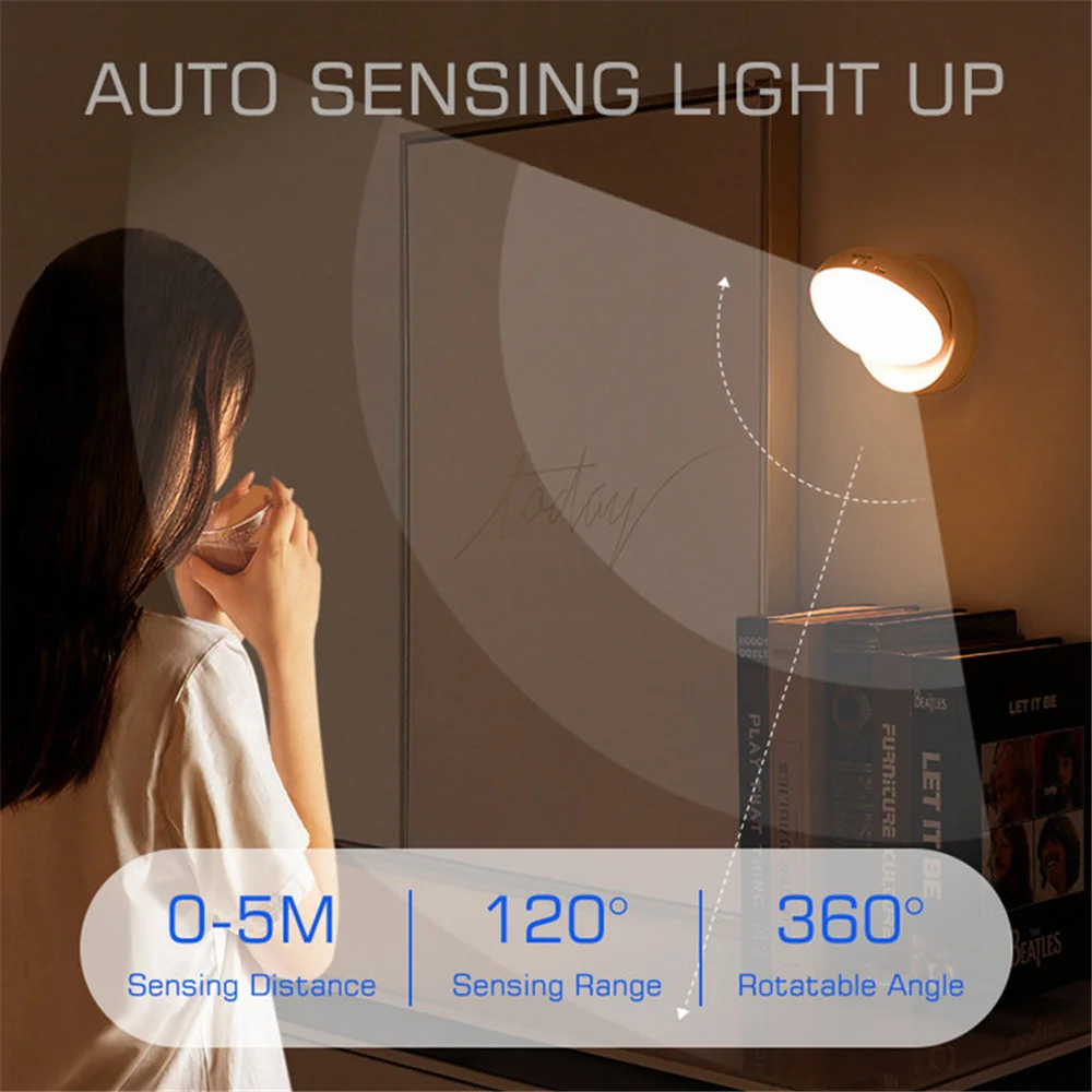 360 Rotated PIR Motion Sensor Night Light Led Wall Lamps Rechargeable Auto/On/Off Under Cabinet Wireless Closet