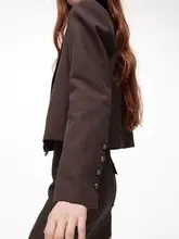  Women Blazer Vintage girl short slim fit spring fall 2022 brown plaid v neck pocket Long Sleeve Woolen coat 