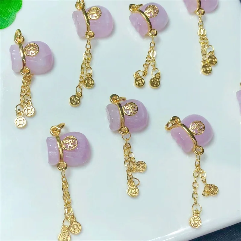 

5PCS Natural Kunzite Purse Carving Crystal Carved Figurine Christmas Gift Fashion Jewelry For Women 12X14MM