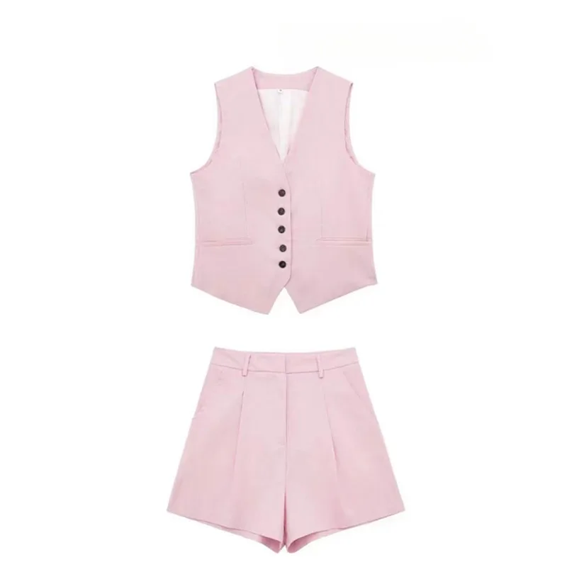 2024 Women Elegant Solid Button Sleeveless Linen Shorts Set Vintage Casual V Neck Chic Vest Set Women's Office Lady Suit