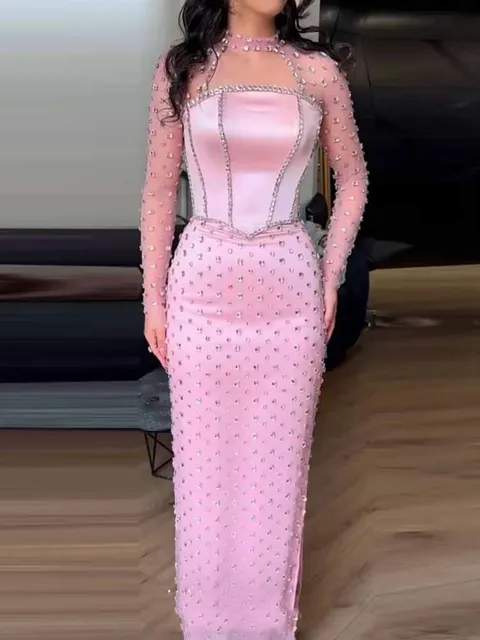 Glitz and Glam Women's Evening Ball Gowns Satin Sheath/Column Prom Dress High Collar Rhinestones/Crystals Bespoke Occasion Dress 1