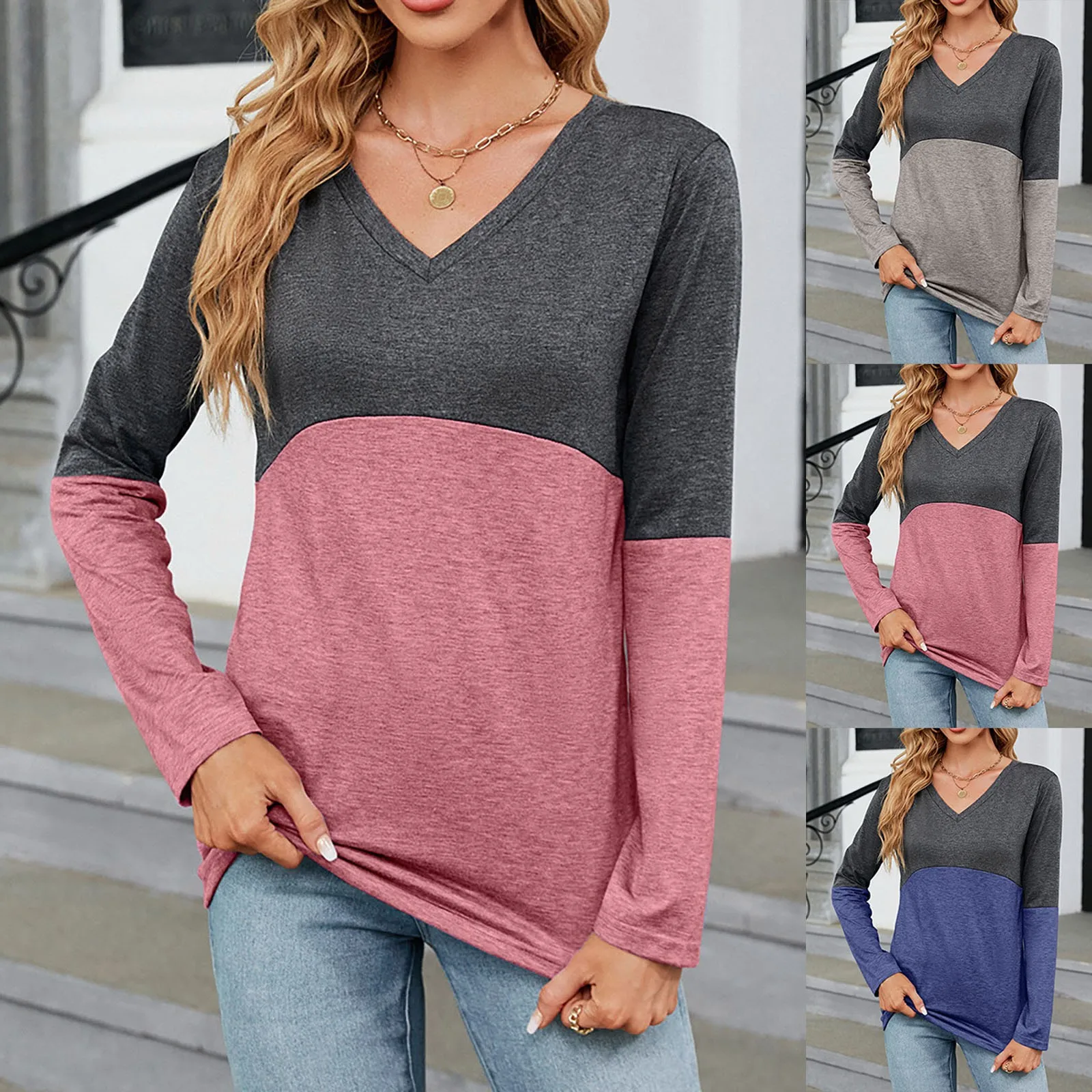 

Color Stitching Long Sleeve Pullover Women Casual V Neck Tee Shirt Autumn Female Daily Work Blouse Athletic Tops Blusa Camisas
