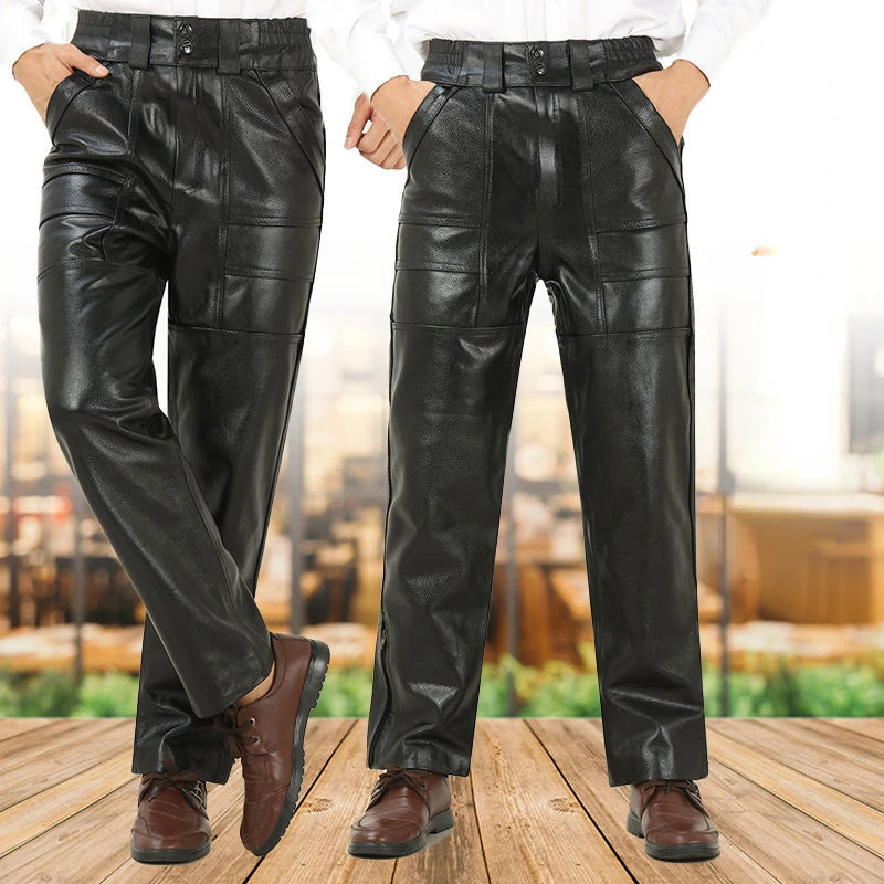 

2022 New Man Leather Motorcycle Street Pants Men's Autumn Slim Casual Handsome Breathable Fashion Long Pants Trousers T7
