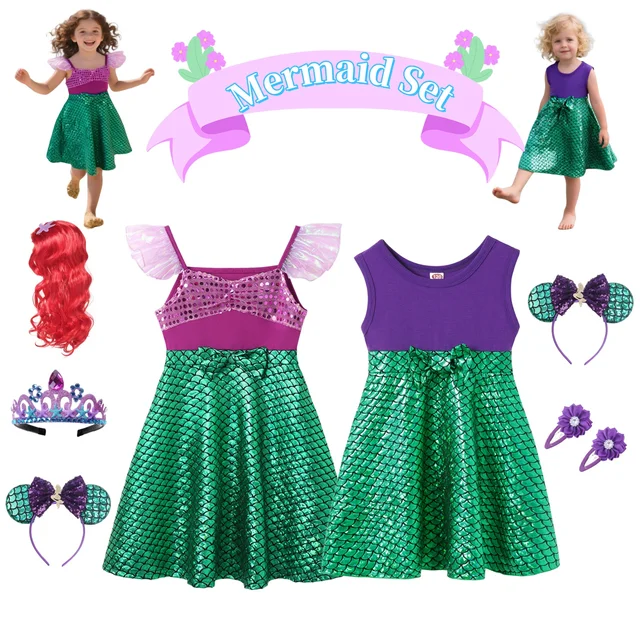 Robe de princesse sirène 2026 pour enfants, costumes de fête d'anniversaire, ensembles de vêtements d'été décontractés et mignons avec nœud pour filles, pour les vacances à la plage, pour 2-10 ans 1