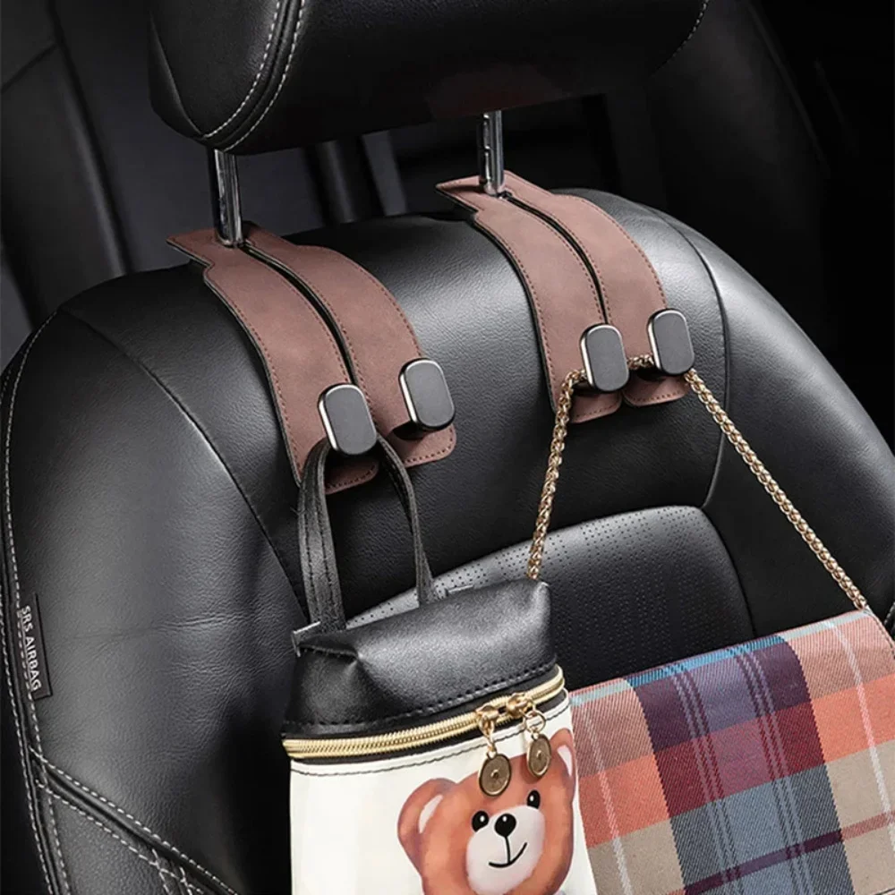 Universal 2-in-1 Soft Leather Car Seat Headrest Hooks Double Hook for Purse Bag Backpack - Car Seat Back Hanger