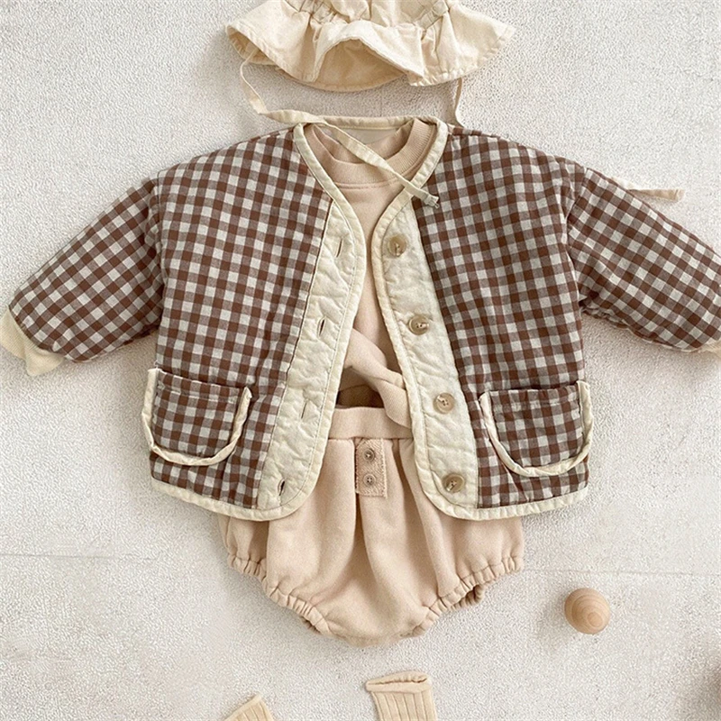 

Toddler Baby Girl Cotton Clothes Autumn Winter Plaid V-Neck Boy Cardigan Jacket for Infants Thick Warm Young Children's Clothing