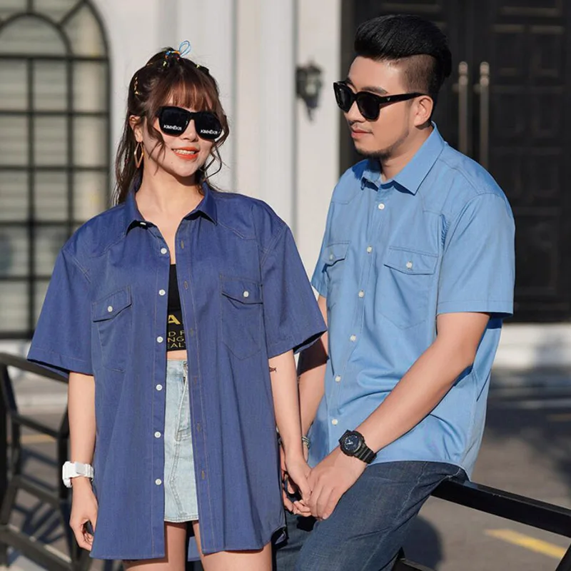 Plus Large Size 13XL 7XL 6XL 4XL Mens Business Casual Short Sleeved Shirt Classic Imitation denim Male Social Dress Shirts Blue 4