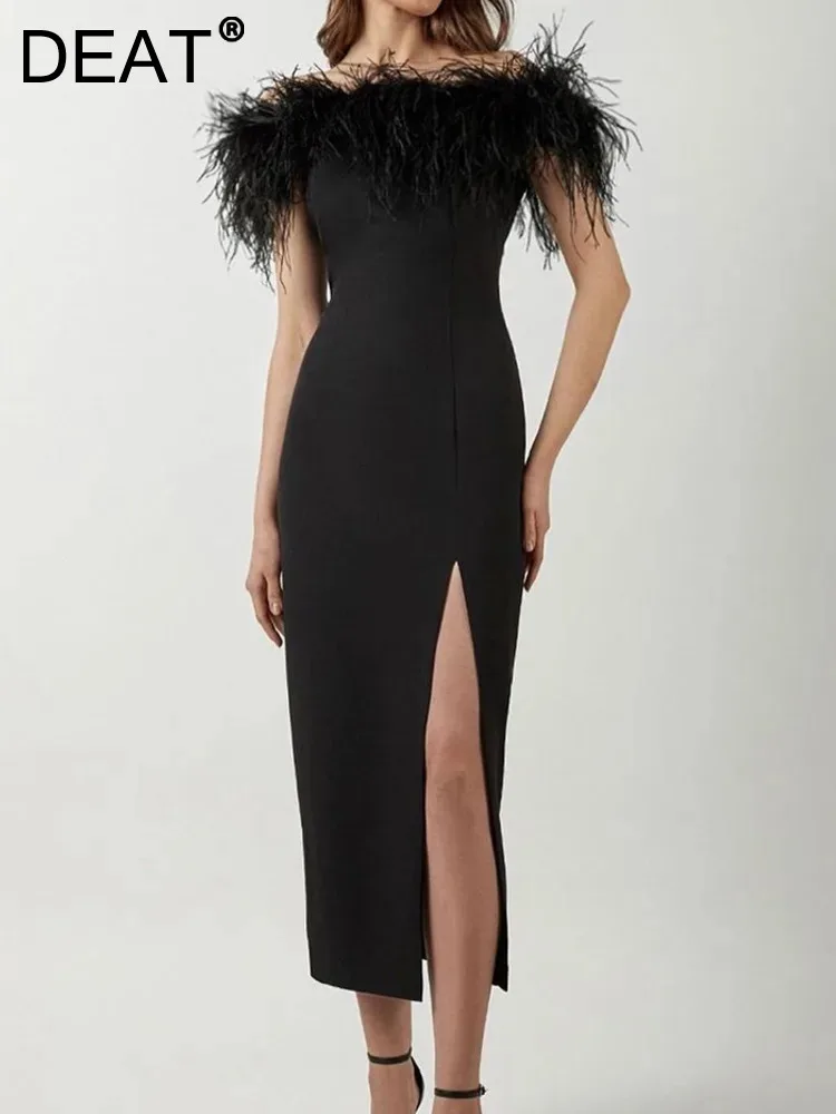 

DEAT Fashion High-end Feather Patchwork Dress Women's Sexy Slim Off Shoulder Slash Neck Split Party Dresses 2023 Spring 11XX0460