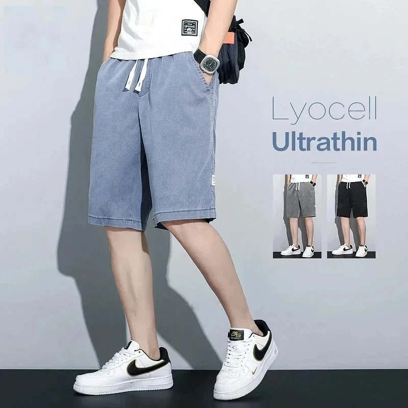 Soft Cosy Lyocell Thin Men's Denim Shorts Summer Clothes Loose Pants Drawstring Elastic Waist Korea Casual Short Plus Size M-5XL denim shorts summer jeans shorts