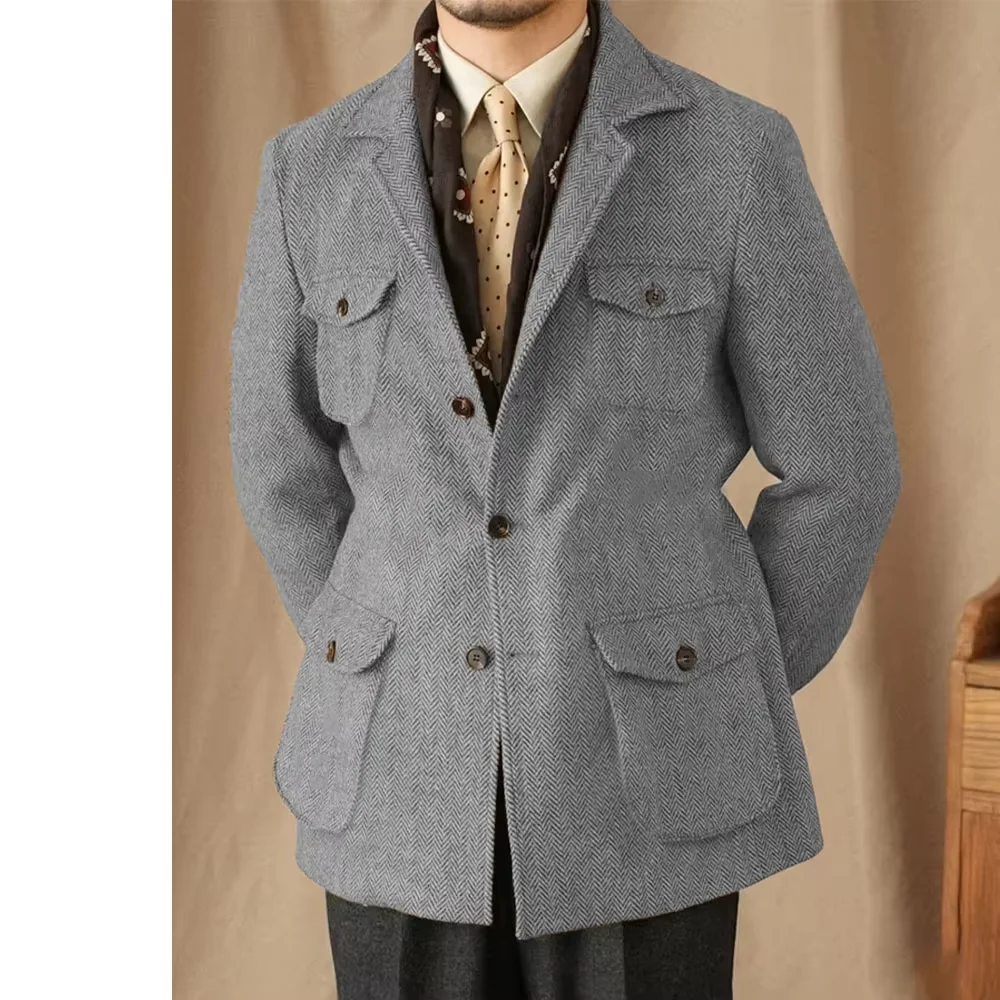 Costumes pour hommes Vintage Blazer en Tweed à chevrons mélange de laine britannique Double boutonnage léger manteau de Sport décontracté veste formelle