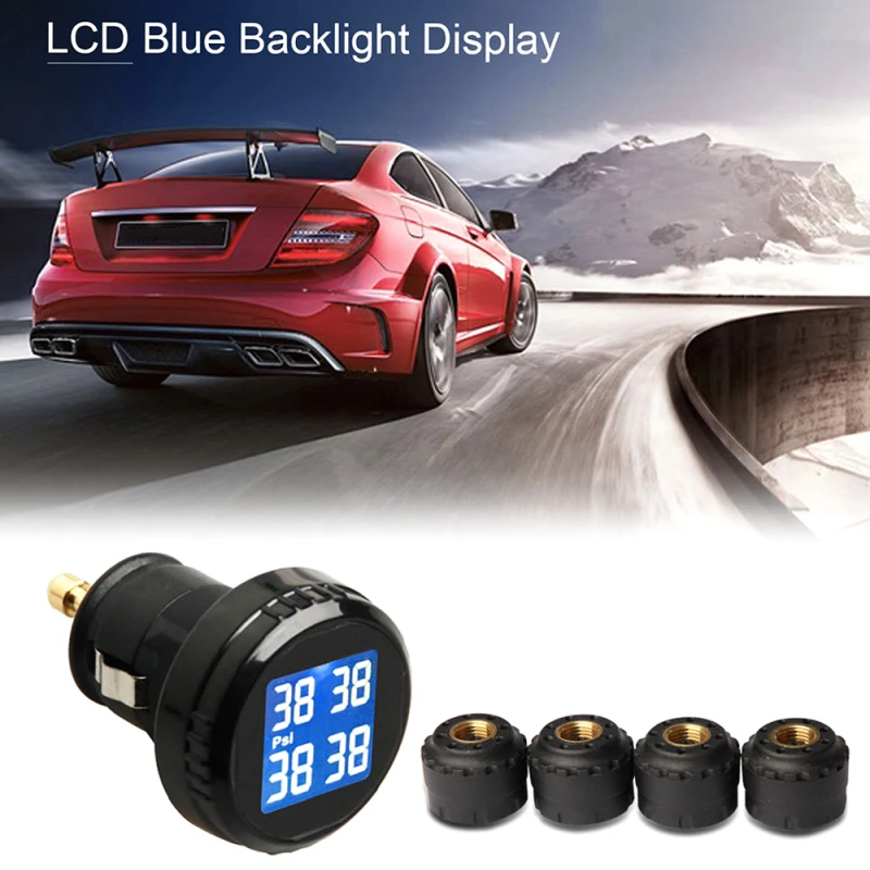 Car Tire Pressure Monitor Car Tire Pressure Sensor External Sensors Tire Pressure Monitor with 4 External Cap Sensors Wireless Tire Pressure Monitoring System TPMS Cigarette Lighter Plug