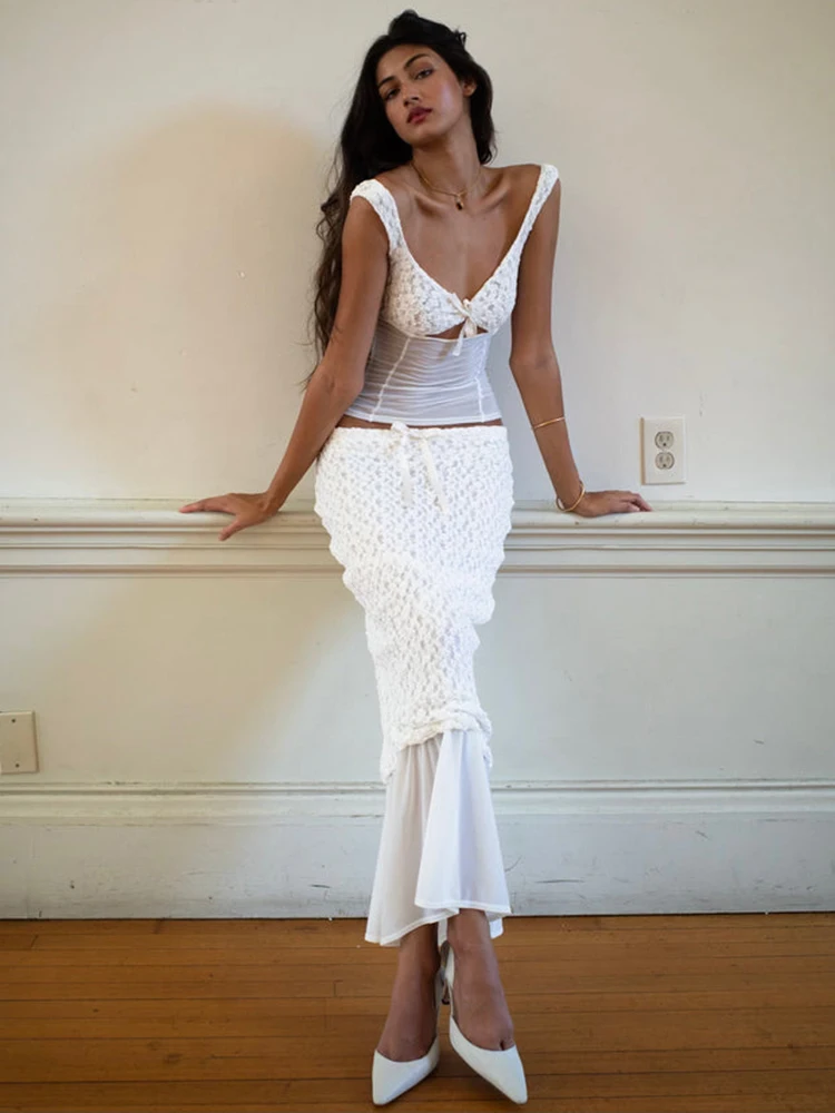 

Fantoye Sexy See Through Lace Women Skirt Suit White Spaghetti Strap Crop Top Long Skirt Autumn Slim Casual Two Piece Sets 2023