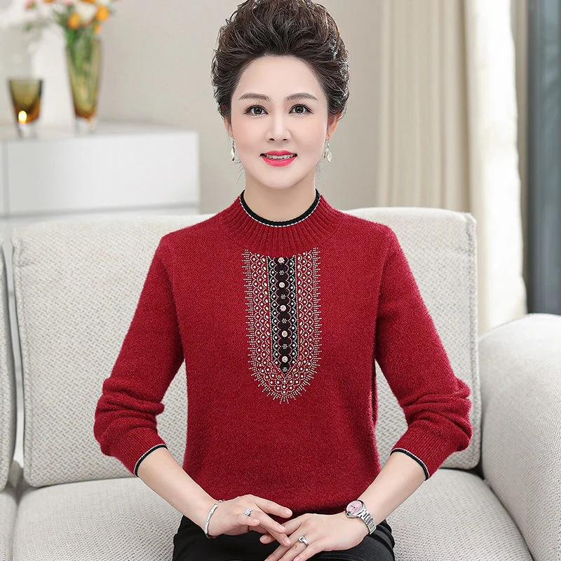 

New Semi-turtleneck Knitwear Women Sweater Diamond Fashion Inlay Middle-aged Mother Autumn Winter Loose Temperament Pullover