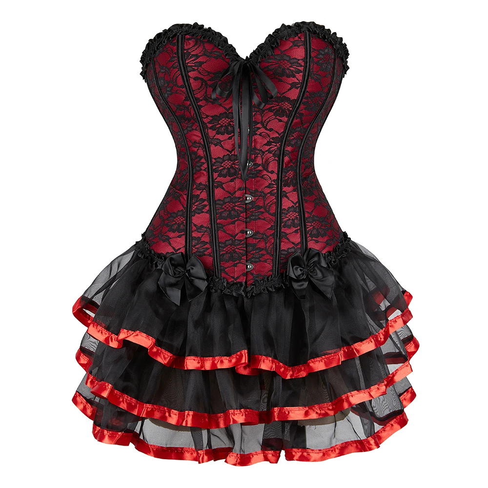 

Red Overbust Corset Dress Set Floral Lace Overlay Waist Bustier Top with Layered Skirt