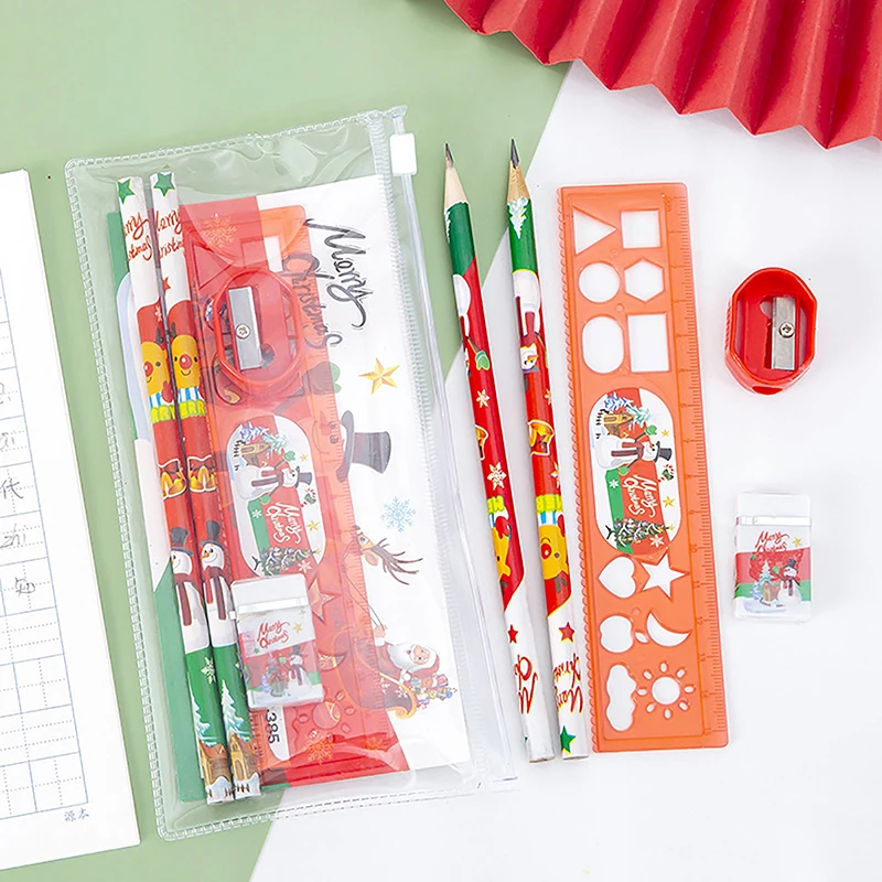 

5Pcs/set Christmas Stationery Gift Set Pencil Eraser Pencil Sharpener Ruler Student Writing Tools For Kid School Supplies