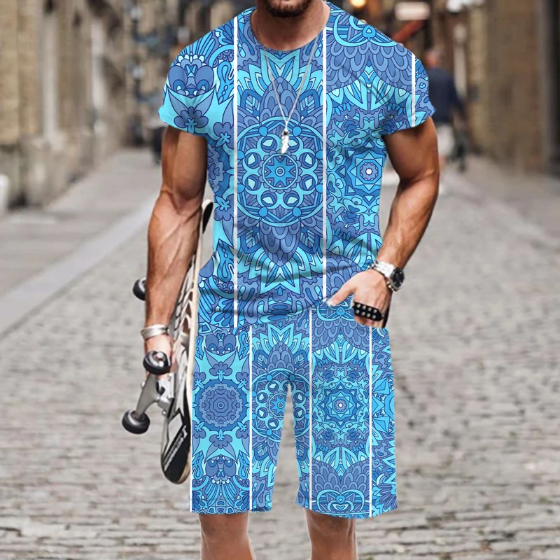

Men's T-shirt Shorts Set 3D Printed Retro Classic Pattern Men/Women Elastic Waist Harajuku Mens Clothing Loose Swimsuit Beach