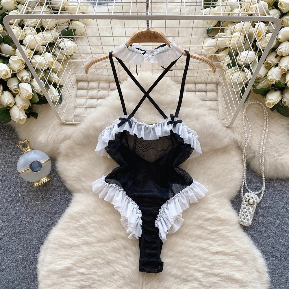 Sexy Lace Gauze Patchwork Strap Bodysuit Hollow Sleeveless Slim backless Women Erotic Lingerie Hotsweet Bow Night Maid Cosplay
