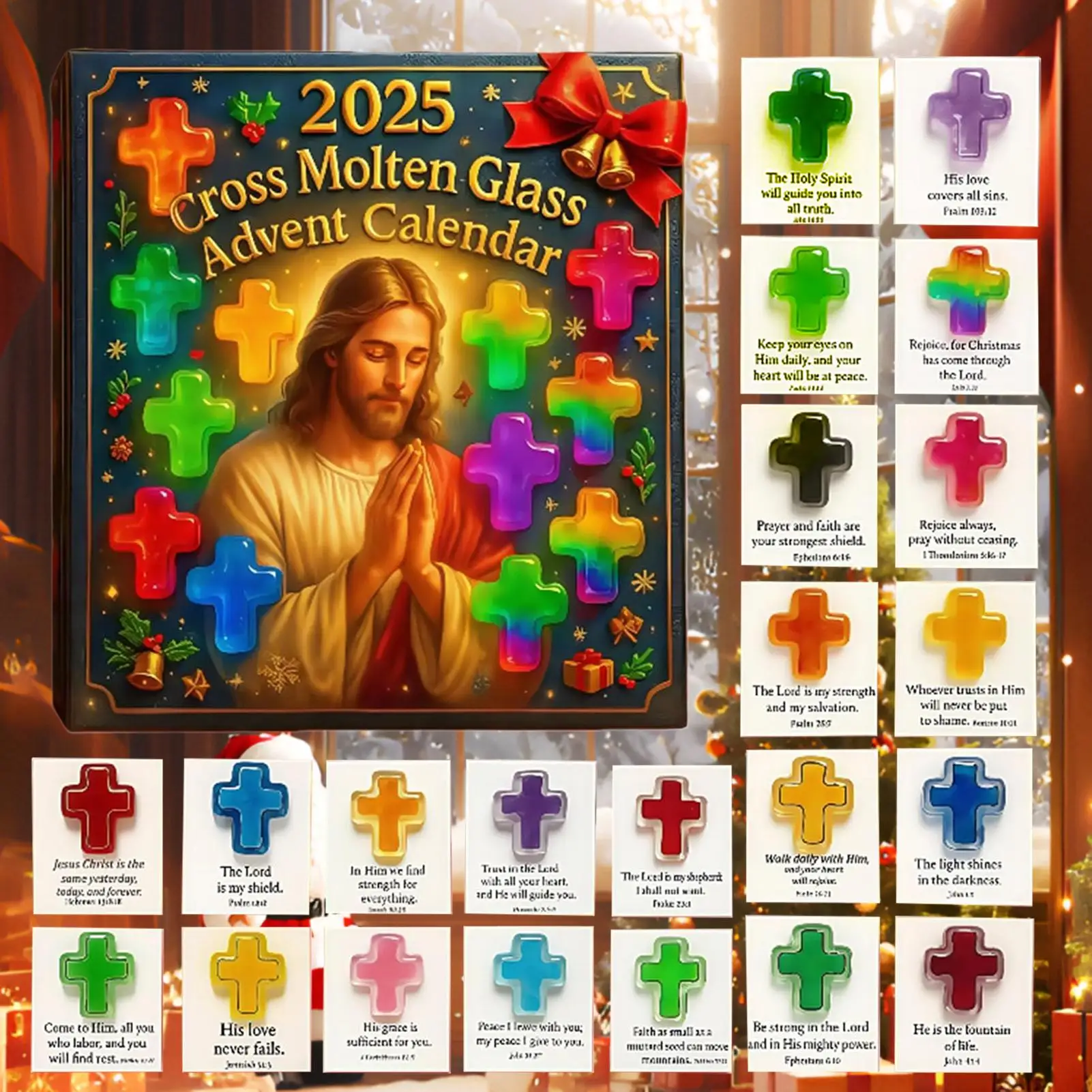 Christmas Countdown Calendar 2025 2D Acrylic Stained Glass Cross  Ornament 24 Days Christmas Advent Countdown Bible Verse